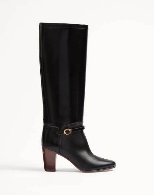 Valentino Leather Vlogo Knee-high Boots 75 In Black