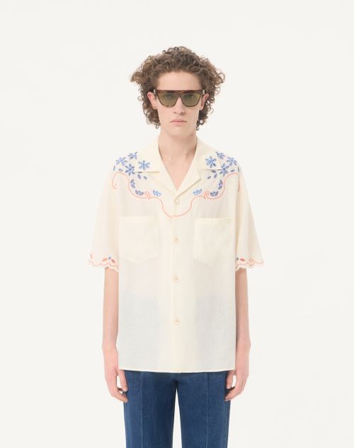 Valentino - Valentino Linen Bowling Shirt In San Gallo With Vlogo Embroidery - Latte - Man - Shirts