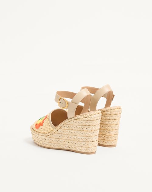 Valentino Garavani - Bribri Raffia Wedge Sandal With Floral Embroidery 115mm - Beige - Woman - Espadrilles And Wedges