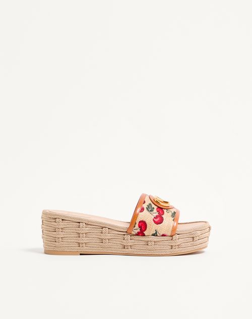 Valentino Garavani Vlogo Signature Flatform Sandal In Jacquard Raffia With Cherryfic Motif 60mm Woman Natural/red 36