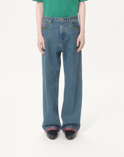 Valentino - Denim Pants With Printed Border - Blue - Man - Denim