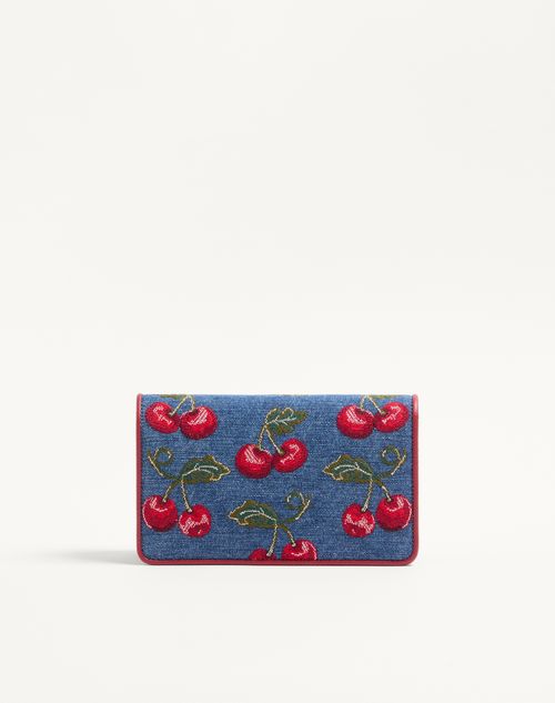 Valentino Garavani - Vlogo Signature Mini Denim Shoulder Bag With Cherryfic Embroidery - Denim/multicolour - Woman - Clutches