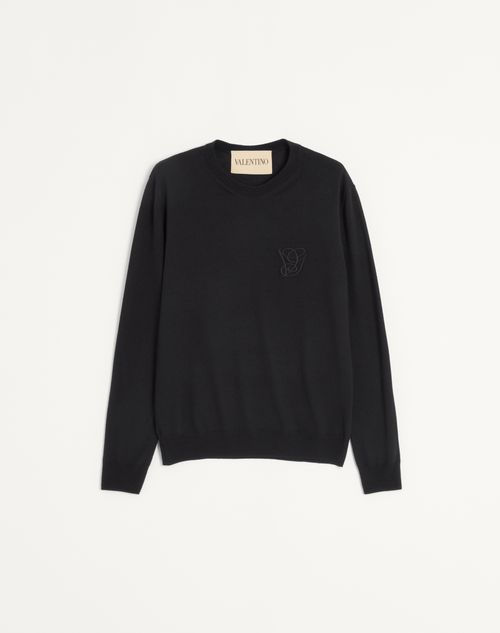 Valentino - Wool Sweater With Vg Embroidery - Black - Man - Knitwear