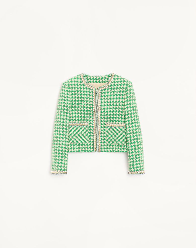 Valentino Women's Green/Birch Embroidered Houndstooth Tweed Jacket Woman 50