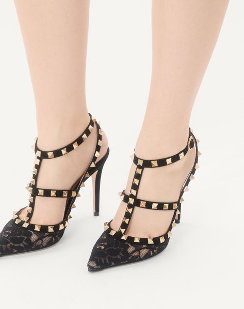Valentino Garavani - Rockstud Lace Pump With Straps 100mm - Black - Woman - Pumps