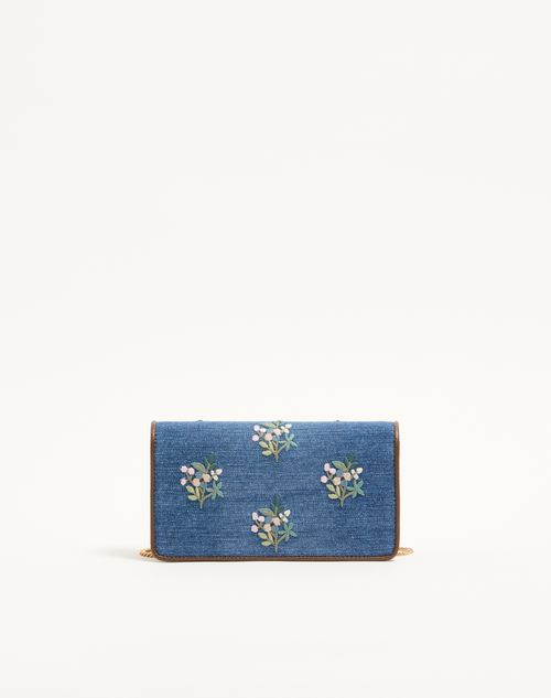 Valentino Garavani - Valentino Garavani Vlogo Signature Mini Shoulder Bag In Denim With Floral Embroidery - Denim - Woman - Clutches