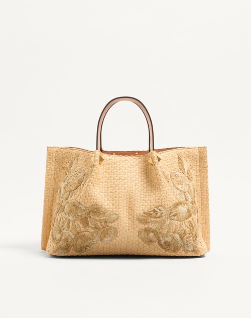 Valentino Garavani - Medium Shopping Bag In Raffia With Floral Embroidery - Natural - Woman - Totes