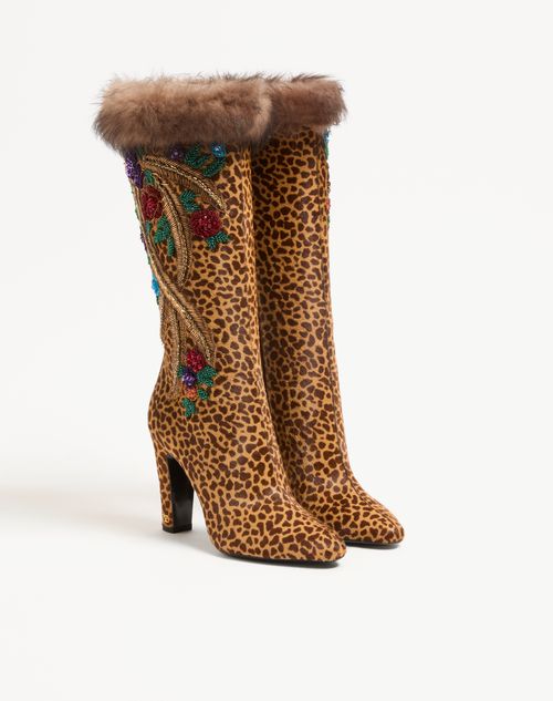 Valentino Garavani - Stivale Hotty In Vitello Effetto Cavallino Con Ricamo Floreale E Pelliccia 100mm - Animalier - Donna - Stivali E Stivaletti