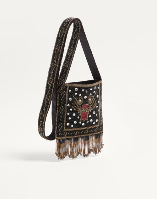 Valentino Garavani - Valentino Garavani Nellcôte Small Embroidered Shoulder Bag With Fringes - Black - Man - Shoulder Bags