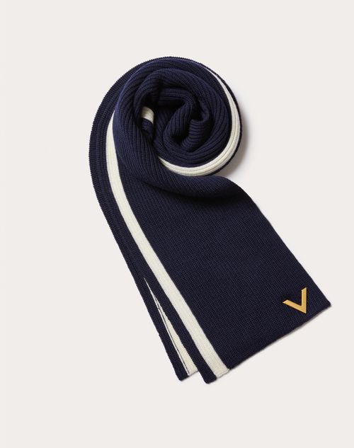 Valentino Garavani Wool Scarf With Metal V Appliqué In Navy/ivory