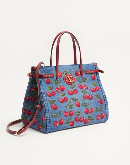 Valentino Garavani - Valentino Garavani Antibes Medium Shopping Bag In Denim With Cherryfic Embroidery - Denim/multicolour - Woman - Totes