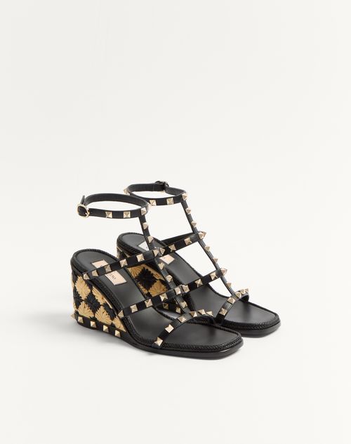 Valentino Garavani - Rockstud Calfskin Wedge Sandal With Check Embroidery 80mm - Black/natural - Woman - Espadrilles And Wedges