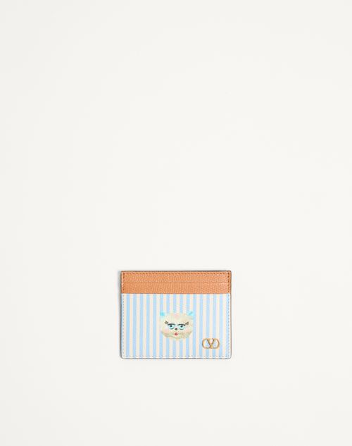 Valentino Garavani Valentino Garavani Vlogo Signature Wallet In Grainy Calfskin With Le Chat De La Maison Print Man Azure/ivory Onesize