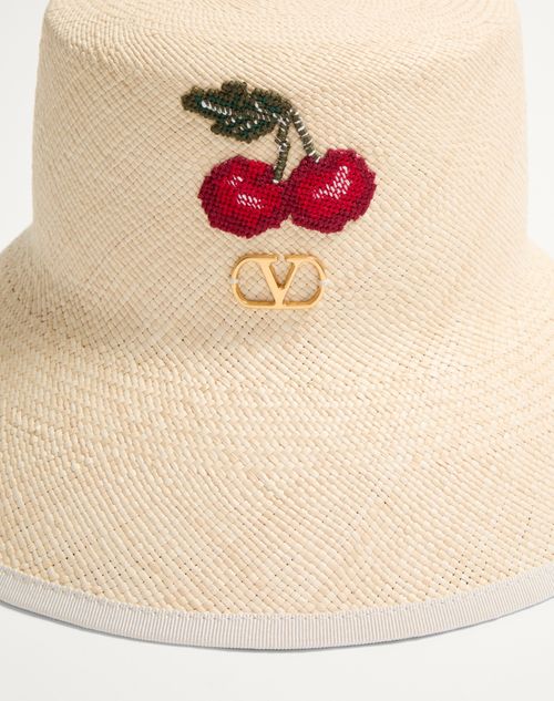 Valentino Garavani - Vlogo Signature Straw Bucket Hat With Leather Trim And Cherryfic Embroidery - Natural/multicolor - Woman - Hats And Gloves