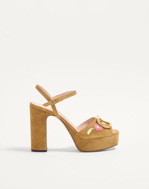 Valentino Garavani Vlogo Signature Platform Sandal In Split Leather With Floral Embroidery 115 Mm Woman Havana Beige 38