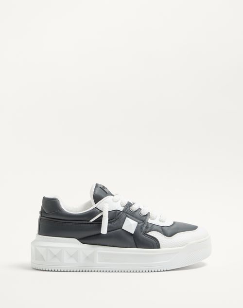 Valentino One Stud Xl Low-top Sneaker In Nappa Leather And Jacquard Toile Iconographe Technical Fabric In White/grey