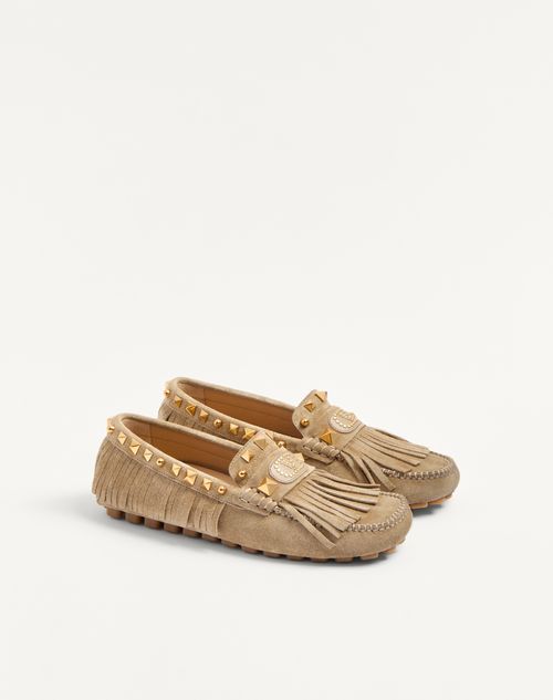 Valentino Garavani - Plaster Caster Driver Loafer In Suede With Fringes - Desert Sand - Woman - Loafers & Oxford