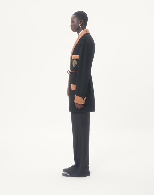 Valentino - Valentino Belted Jacket In Wool And Cashmere Cloth With Embroidered Valentino Patch - Black - Man - Outerwear