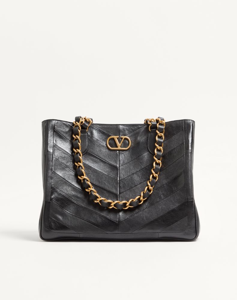 Valentino Garavani Women's Black Laseine Shopping Bag In Nappa Leather With A Chevron Pattern Woman Uni