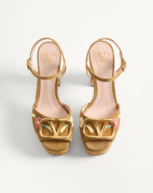Valentino Garavani - Vlogo Signature Platform Sandal In Split Leather With Floral Embroidery 115 Mm - Havana Beige - Woman - Sandals