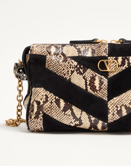 Valentino Garavani - Valentino Garavani Panthea Small Shoulder Bag In Python And Suede With A Chevron Pattern - Beige/black - Woman - Shoulder Bags