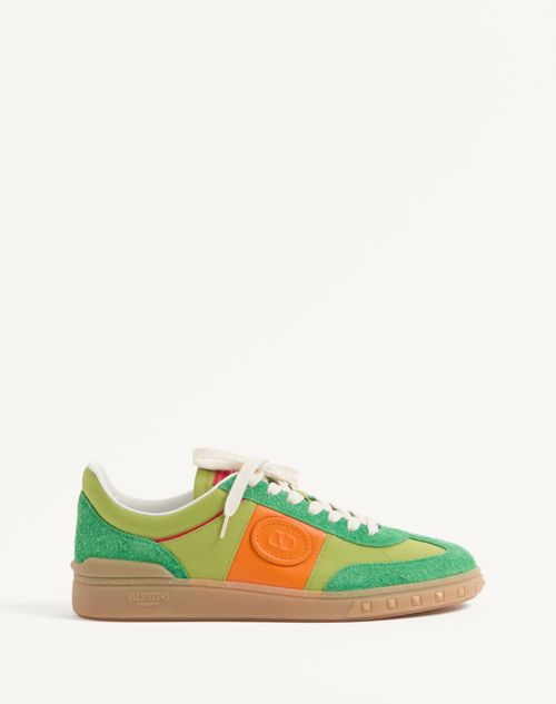 Shop Valentino Garavani Upvillage Low Top Trainer In Crust Leather And Nylon In Green Briar/chartreuse/pumpkin/coral