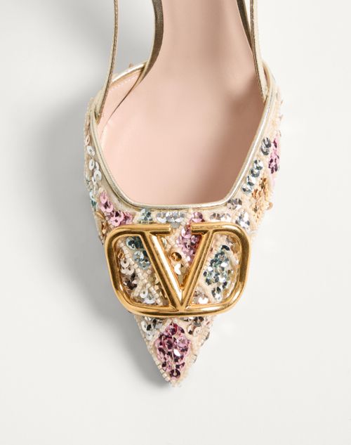 Valentino Garavani - Vlogo Signature Slingback Décolleté With Rhombelle Embroidery 80mm - Platinum - Woman - Pumps