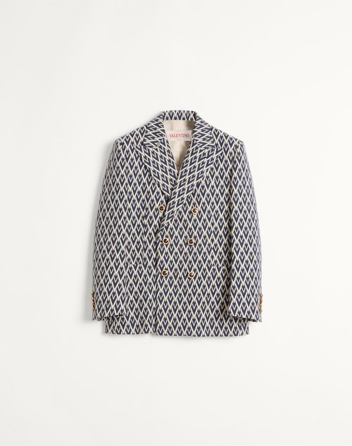 Shop Valentino Double-breasted Wool Jacket With Toute La V Jacquard Pattern In Blue/ivory