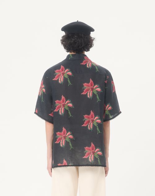 Valentino - Valentino Linen Bowling Shirt With Papier Floral Print - Black/red - Man - Shirts