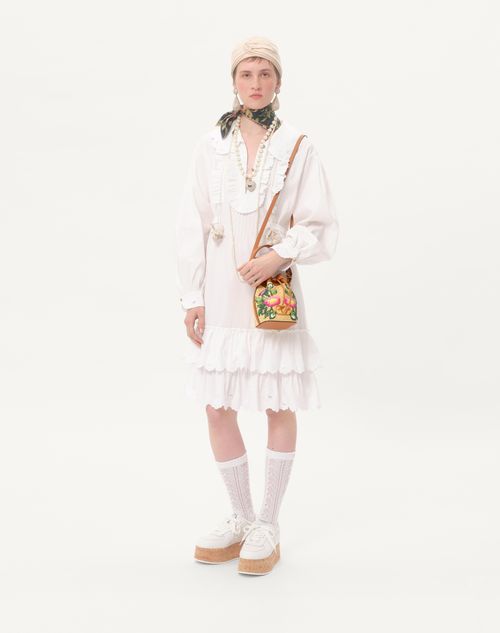 Valentino Garavani - Vlogo Signature Mini Bucket Bag In Raffia With Floral Embroidery - Multicolor/camel - Woman - Shoulder Bags