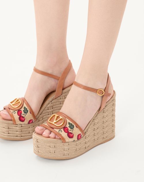 Valentino Garavani - Vlogo Signature Cherryfic Pattern Wedge Sandal 120mm - Natural/red - Woman - Espadrilles And Wedges