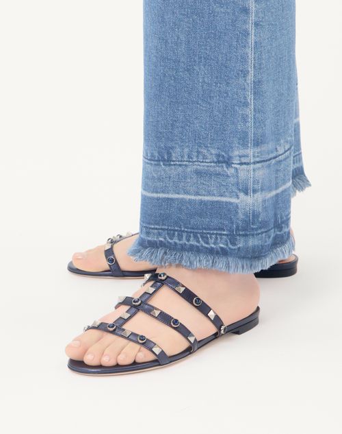 Valentino Garavani - Rockstud Slide Sandal In Laminated Nappa With Cabochon - Navy - Woman - Slides And Thongs