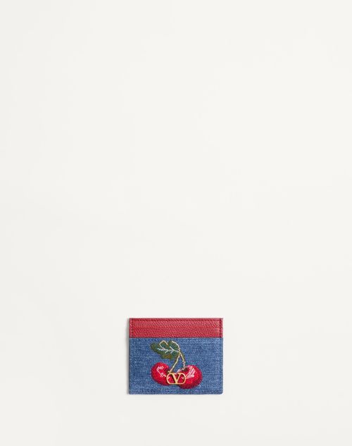 Valentino Garavani Vlogo Signature Denim Cardholder With Cherryfic Embroidery Woman Denim/multicolou