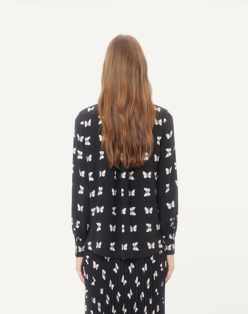 Valentino - Camicia Valentino In Crepe De Chine Stampa Butterflow - Nero/vaniglia - Donna - Camicie E Top