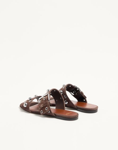 Valentino Garavani - Nellcôte Crust Leather Slide Sandal - Brown - Woman - Slides And Thongs