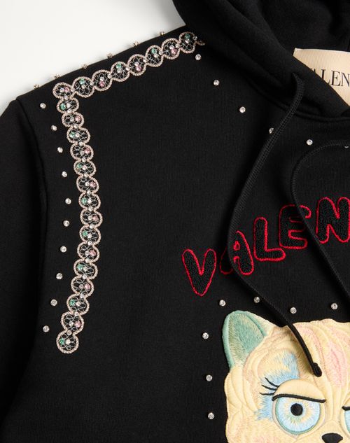 Valentino - Cotton Hooded Sweatshirt With Le Chat De La Maison Patch - Black - Man - Tshirts And Sweatshirts