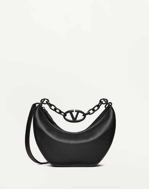 Shop Valentino Garavani Vlogo Moon Small Hobo Bag In Grainy Calfskin With Chain Woman Black Uni