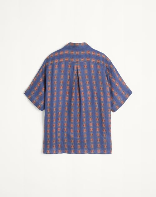 Valentino - Linen Bowling Shirt With Voyage Imaginaire Print - Blue/orange - Man - Shirts