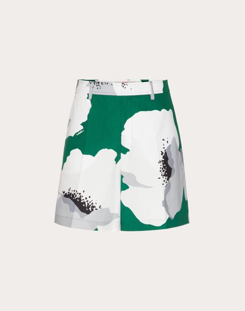 Shop Valentino Cotton Poplin Bermuda Shorts With Flower Portrait Print In エメラルド/ホワイト