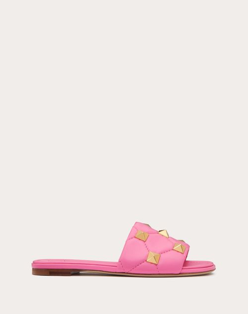 Valentino Garavani Roman Stud Flat Slide Sandal In Quilted Nappa Woman Pink 41