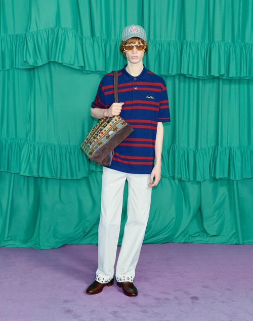 Valentino - Cotton Piqué Polo Shirt With Chez Valentino Embroidery - Blue/red - Man - Tshirts And Sweatshirts