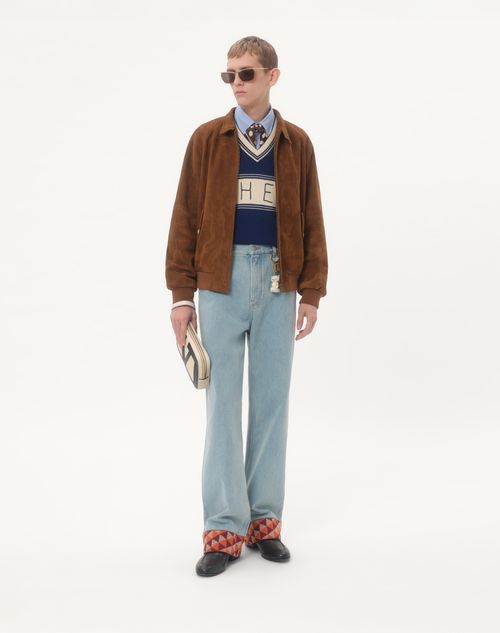 Valentino - Wool And Cotton Jumper With Chez Valentino Jacquard Pattern - Blue/butter - Man - Knitwear