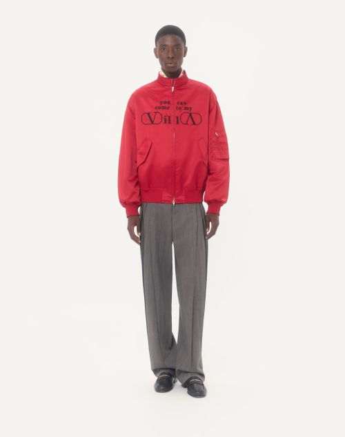 Valentino - Valentino Nylon Satin Bomber Jacket With You Can Come To My Villa Embroidery - Red - Man - Outerwear