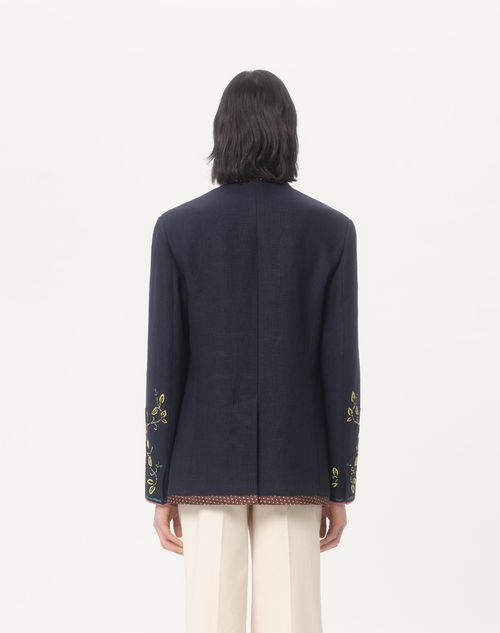 Valentino - Single-breasted Linen Jacket With Beaded Embroidery And Patches - Blue - Man - Coats And Blazers