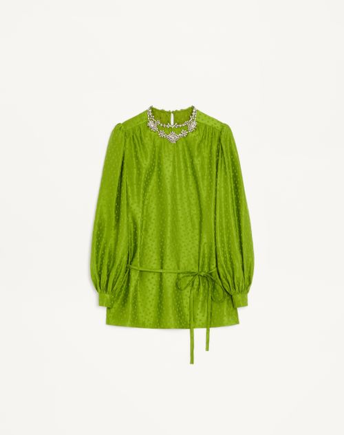 Valentino - Embroidered Silk-linen Plus De Pois Jacquard Top - Avocado - Woman - Shirts And Tops