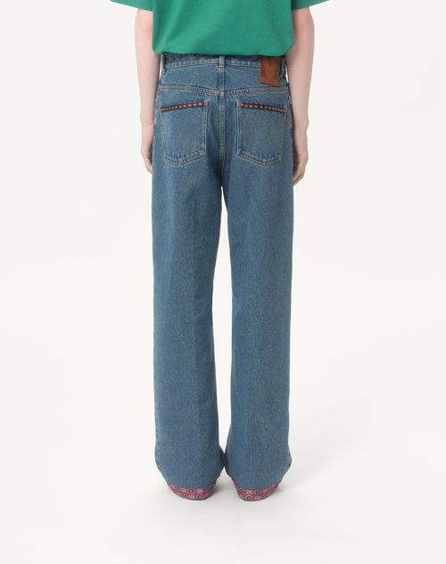 Valentino - Denim Pants With Printed Border - Blue - Man - Denim