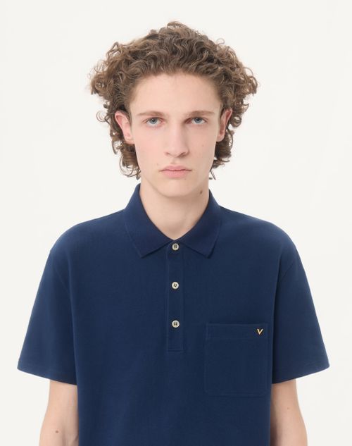 Valentino - Valentino Polo Shirt In Cotton Piquet With Vgold - Blue - Man - T-shirts And Sweatshirts
