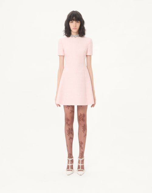 Valentino - Abito Corto In Crinkle Cotton Tweed Ricamato - Rosa/silver - Donna - Abiti