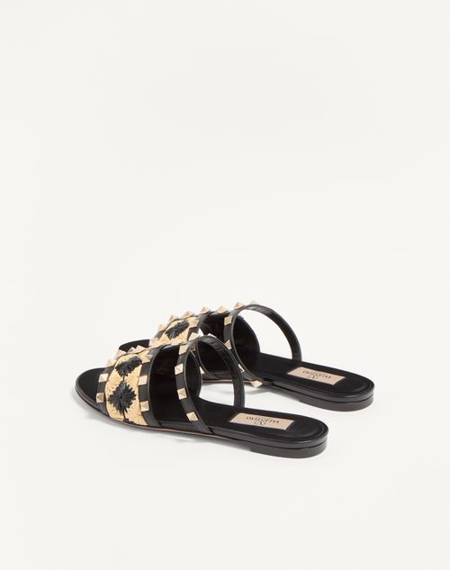 Valentino Garavani - Rockstud Slide Sandal With Raffia Check Embroidery - Natural/black - Woman - Slides And Thongs