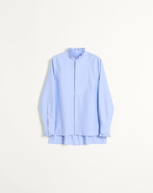 Shop Valentino Cotton Shirt With Plastron And Ruffles In Sky Blue